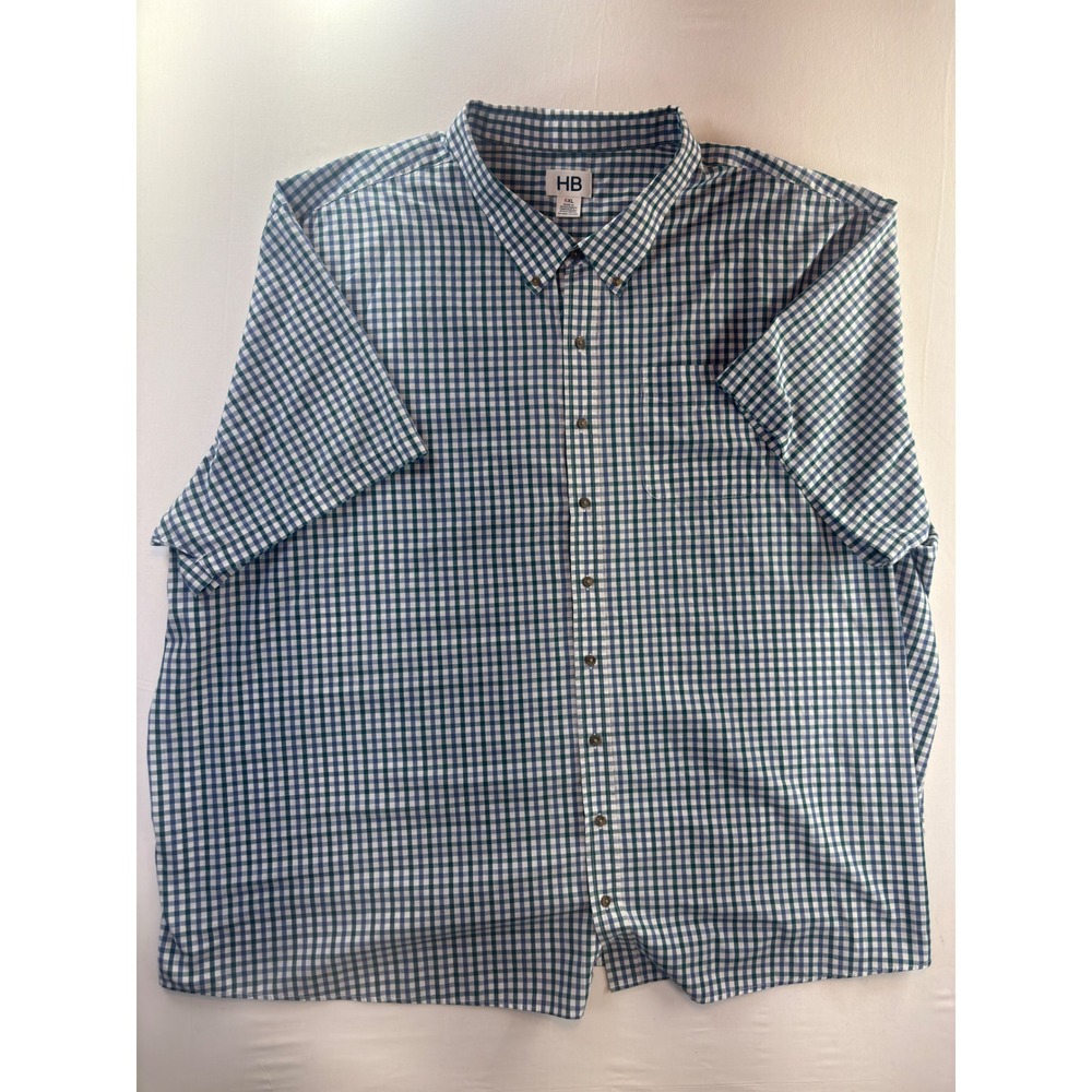 HB Mens 6XL Gingham Button Down Shirt Short Sleeve Green Blue Plaid Big & Tall